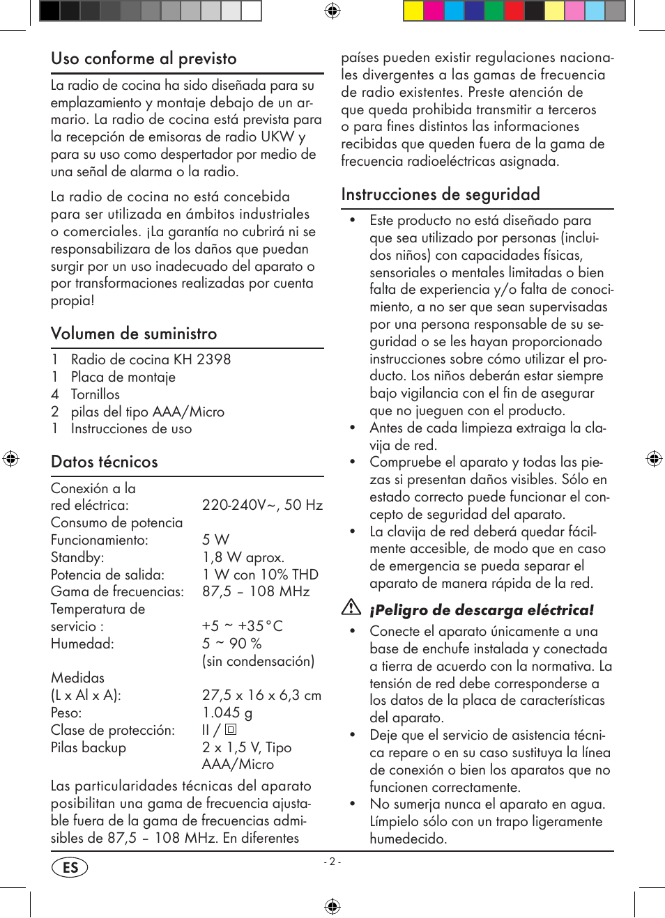 Uso conforme al previsto, Volumen de suministro, Datos técnicos | Instrucciones de seguridad | Silvercrest KH 2398 User Manual | Page 4 / 62