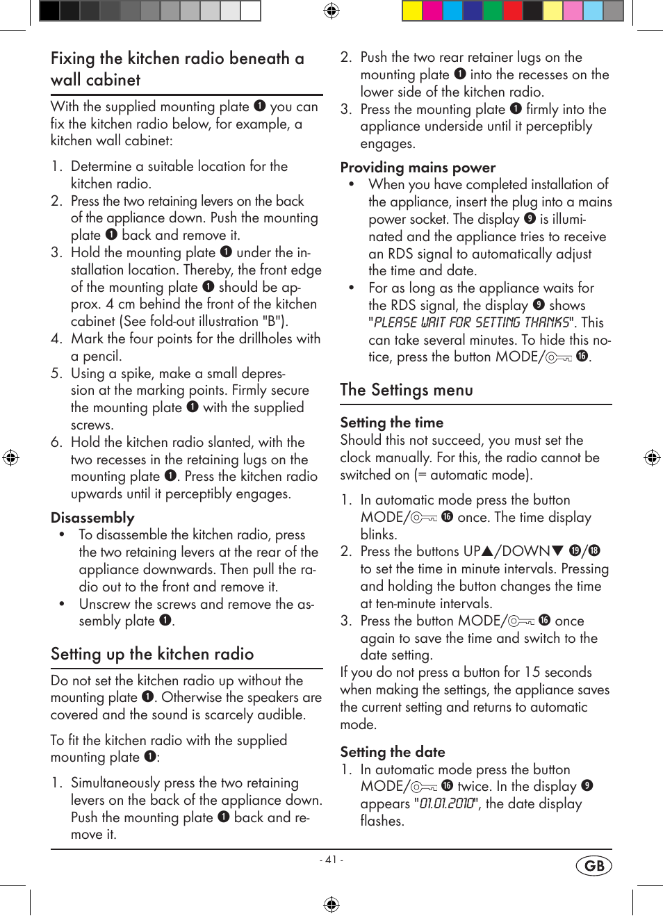 Fixing the kitchen radio beneath a wall cabinet, Setting up the kitchen radio, The settings menu | Silvercrest KH 2398 User Manual | Page 43 / 62