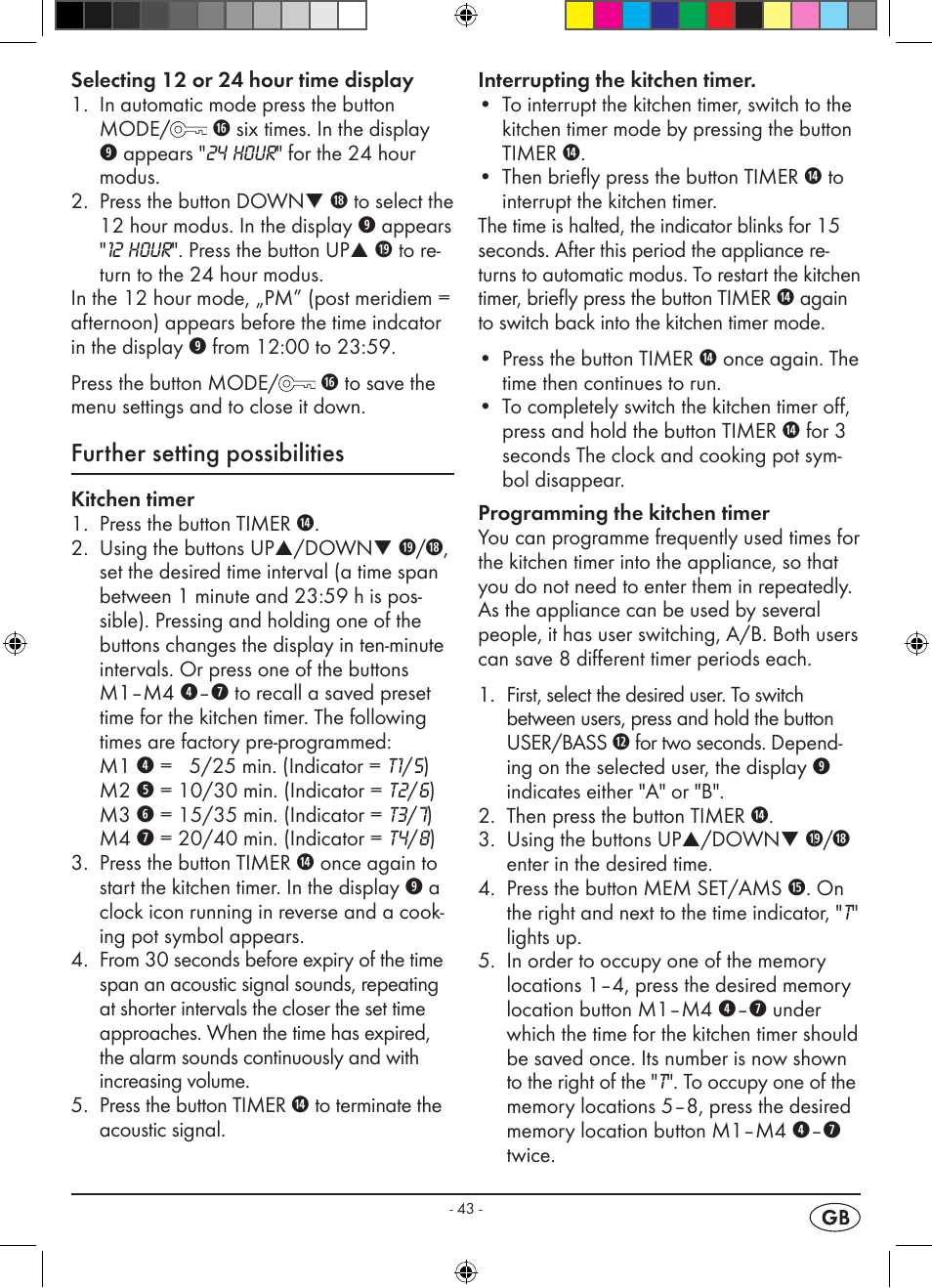 Further setting possibilities | Silvercrest KH 2398 User Manual | Page 45 / 62