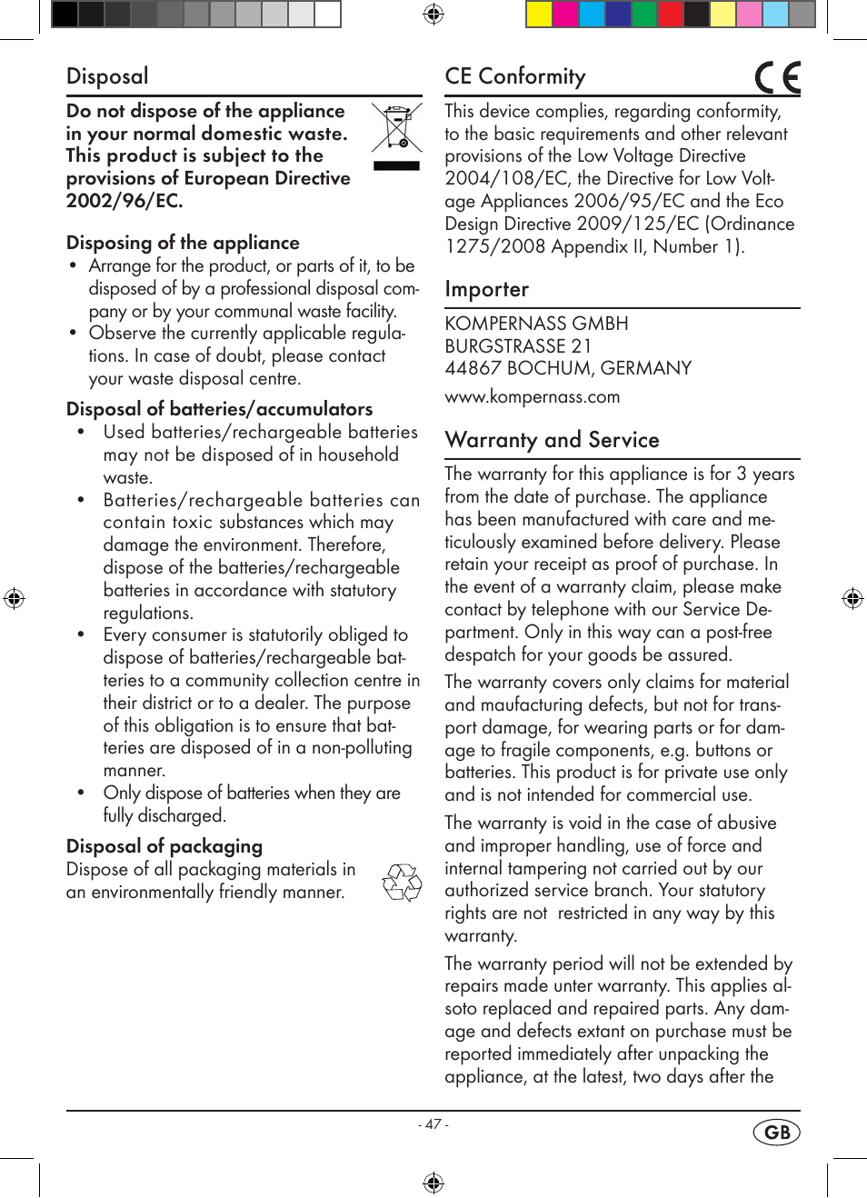Disposal, Ce conformity, Importer | Warranty and service | Silvercrest KH 2398 User Manual | Page 49 / 62