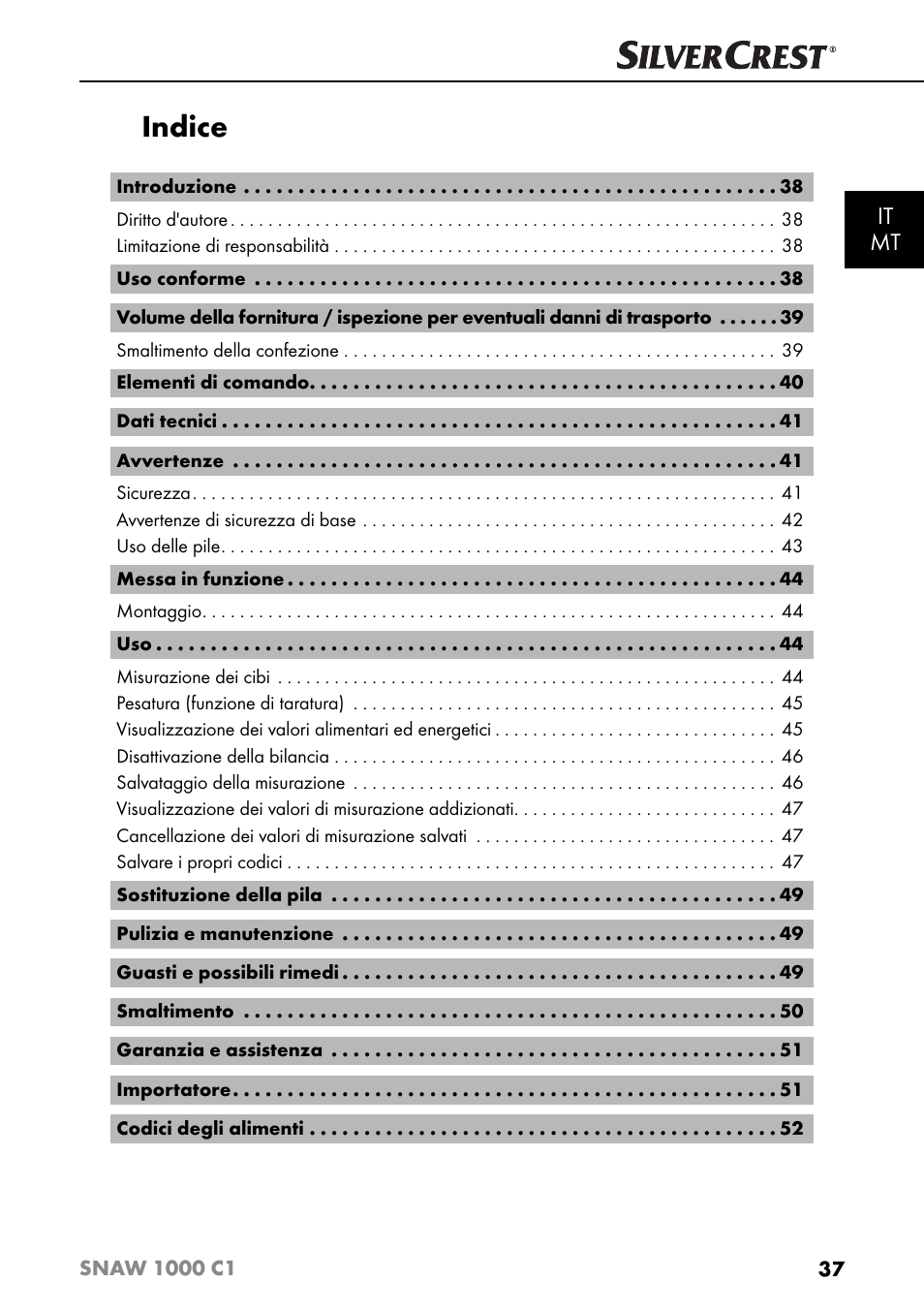 Indice, It mt | Silvercrest SNAW 1000 C1 User Manual | Page 40 / 183