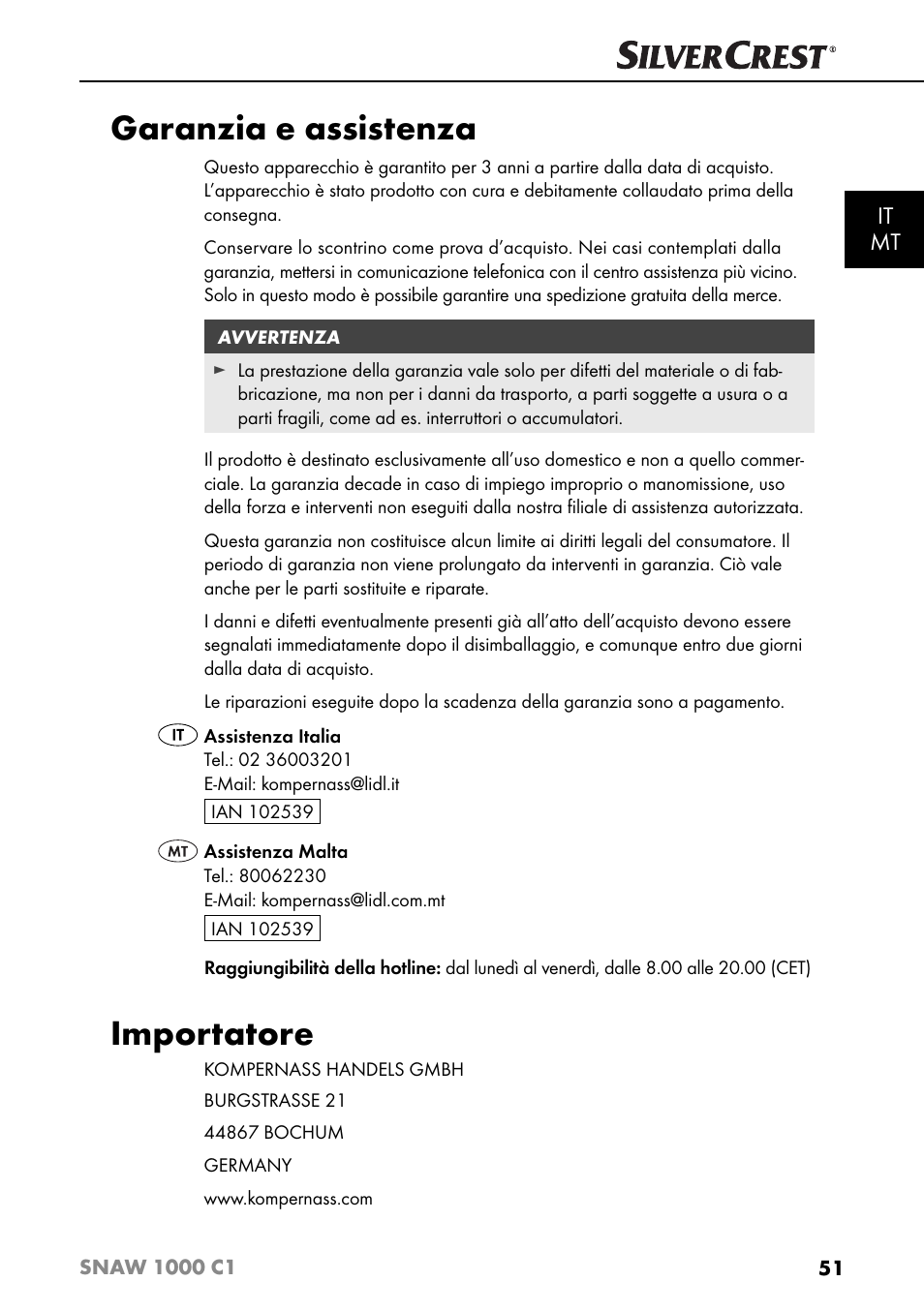 Garanzia e assistenza, Importatore, It mt | Silvercrest SNAW 1000 C1 User Manual | Page 54 / 183
