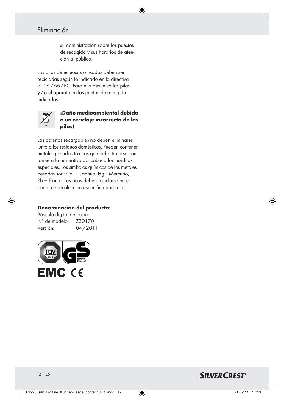Eliminación | Silvercrest Z30170 User Manual | Page 10 / 45