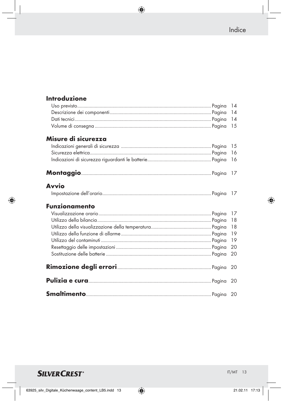 Indice | Silvercrest Z30170 User Manual | Page 11 / 45