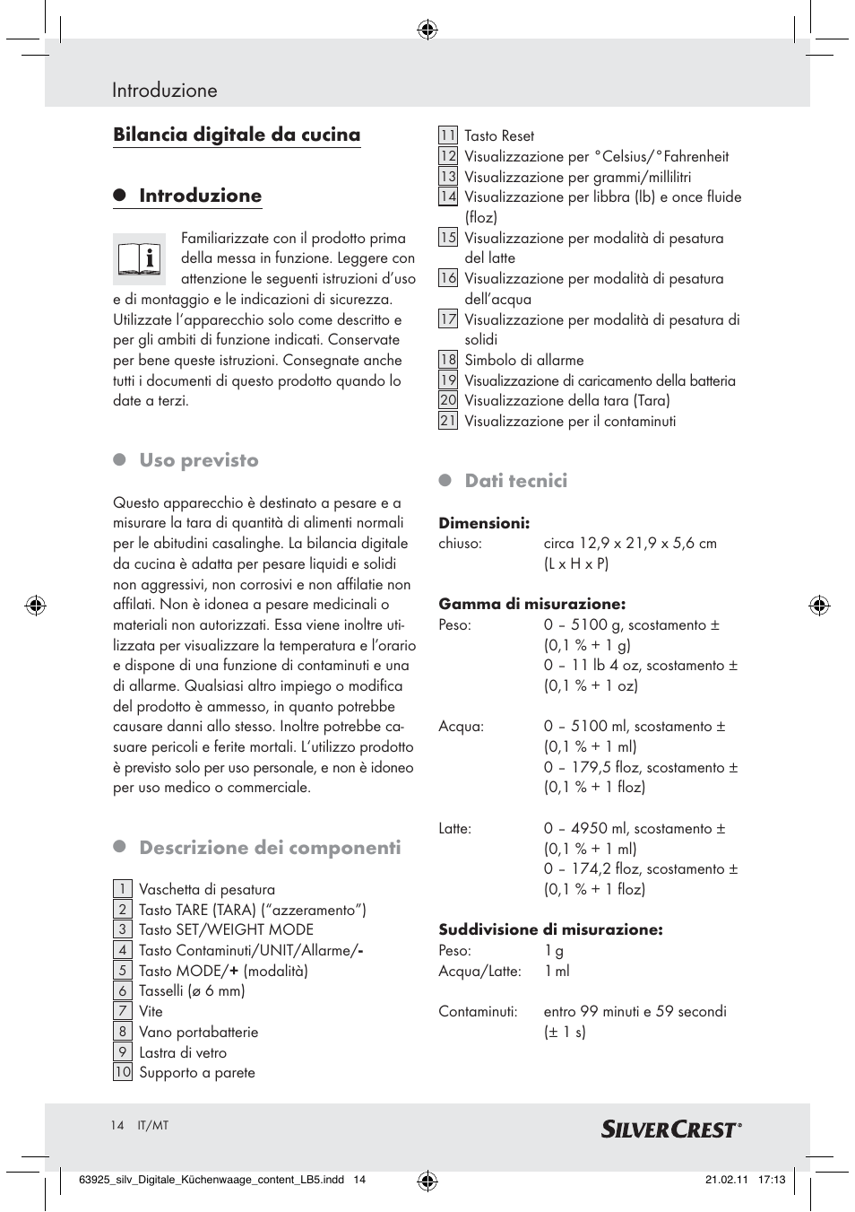 Introduzione, Bilancia digitale da cucina, Uso previsto | Descrizione dei componenti, Dati tecnici | Silvercrest Z30170 User Manual | Page 12 / 45