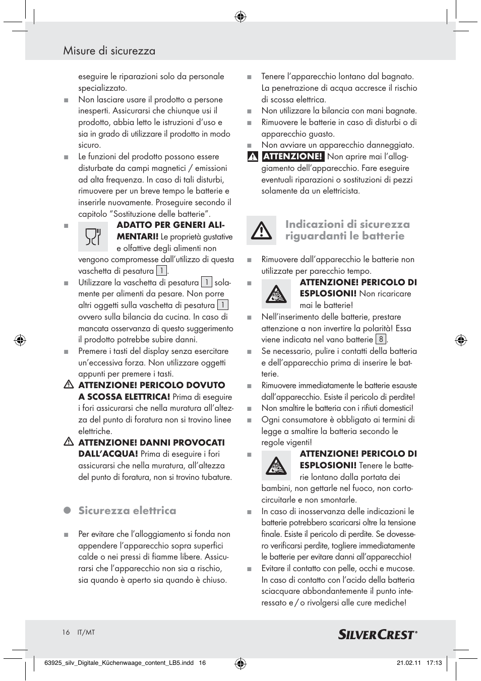 Misure di sicurezza, Sicurezza elettrica, Indicazioni di sicurezza riguardanti le batterie | Silvercrest Z30170 User Manual | Page 14 / 45