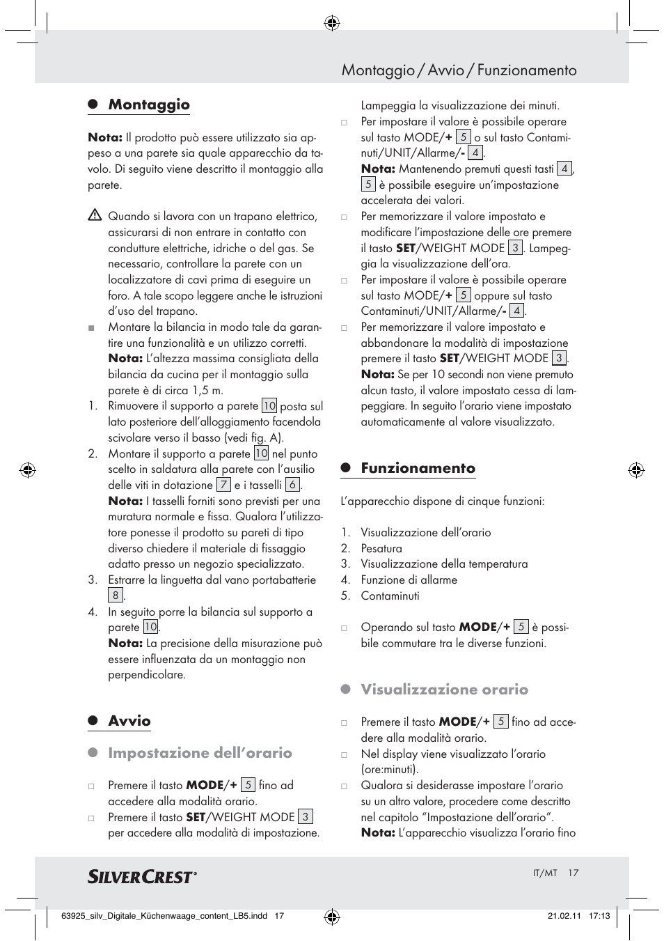 Montaggio / avvio / funzionamento, Montaggio, Avvio | Impostazione dell’orario, Funzionamento, Visualizzazione orario | Silvercrest Z30170 User Manual | Page 15 / 45