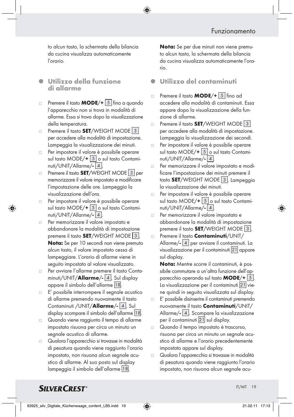 Funzionamento, Utilizzo della funzione di allarme, Utilizzo del contaminuti | Silvercrest Z30170 User Manual | Page 17 / 45