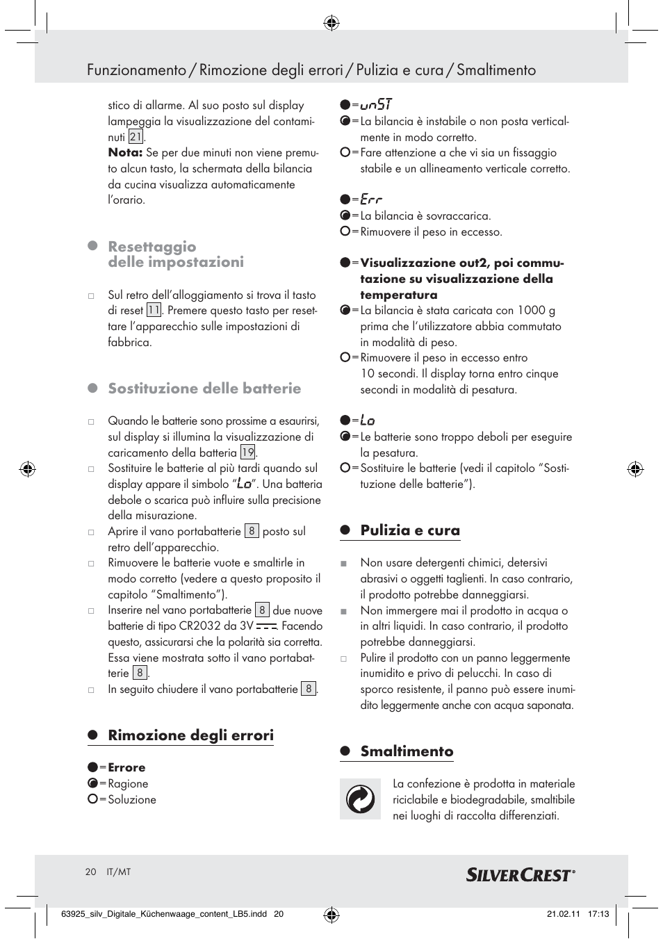 Resettaggio delle impostazioni, Sostituzione delle batterie, Rimozione degli errori | Pulizia e cura, Smaltimento | Silvercrest Z30170 User Manual | Page 18 / 45