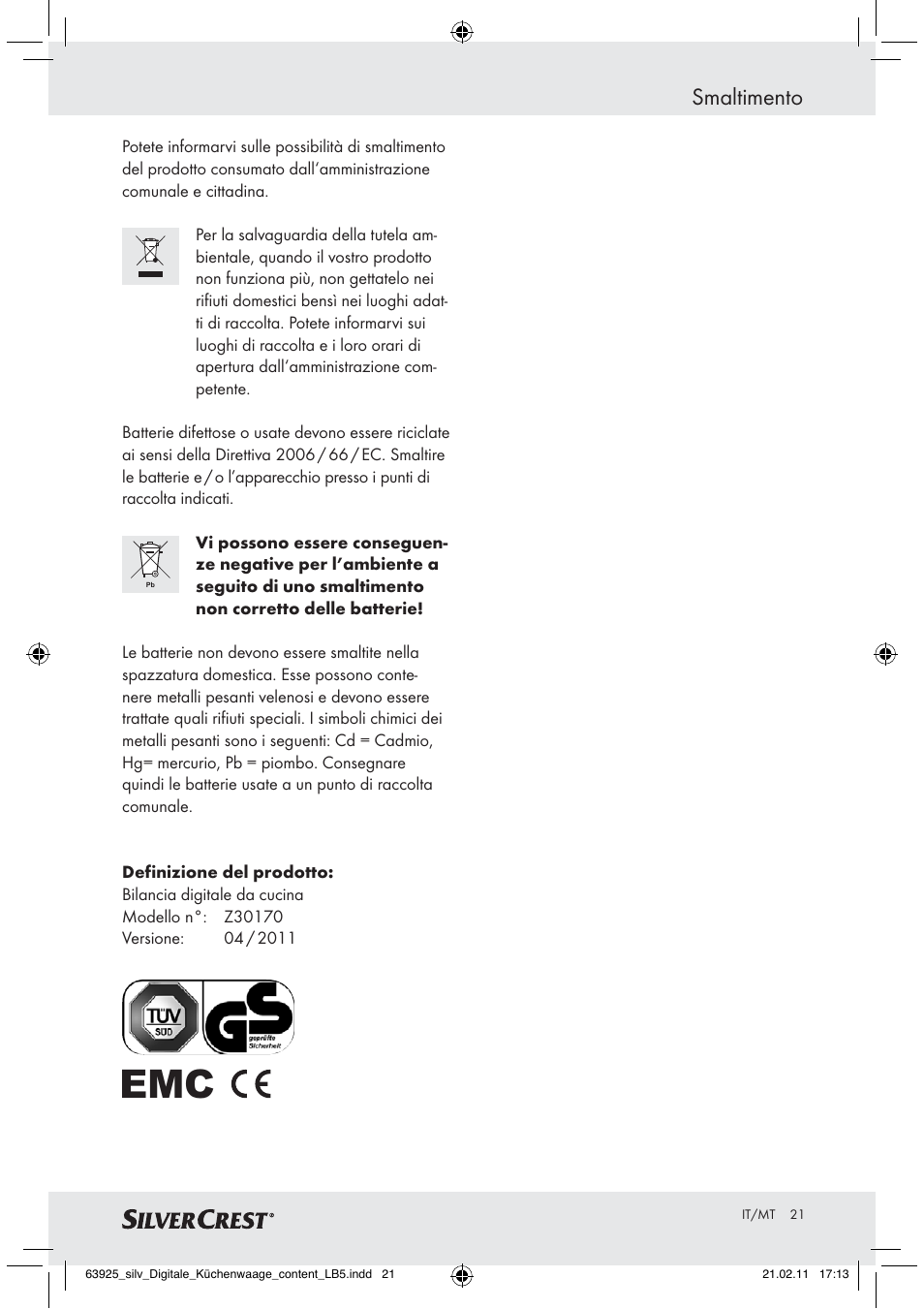 Smaltimento | Silvercrest Z30170 User Manual | Page 19 / 45