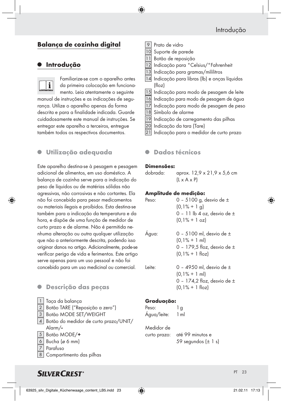 Introdução, Balança de cozinha digital, Utilização adequada | Descrição das peças, Dados técnicos | Silvercrest Z30170 User Manual | Page 21 / 45