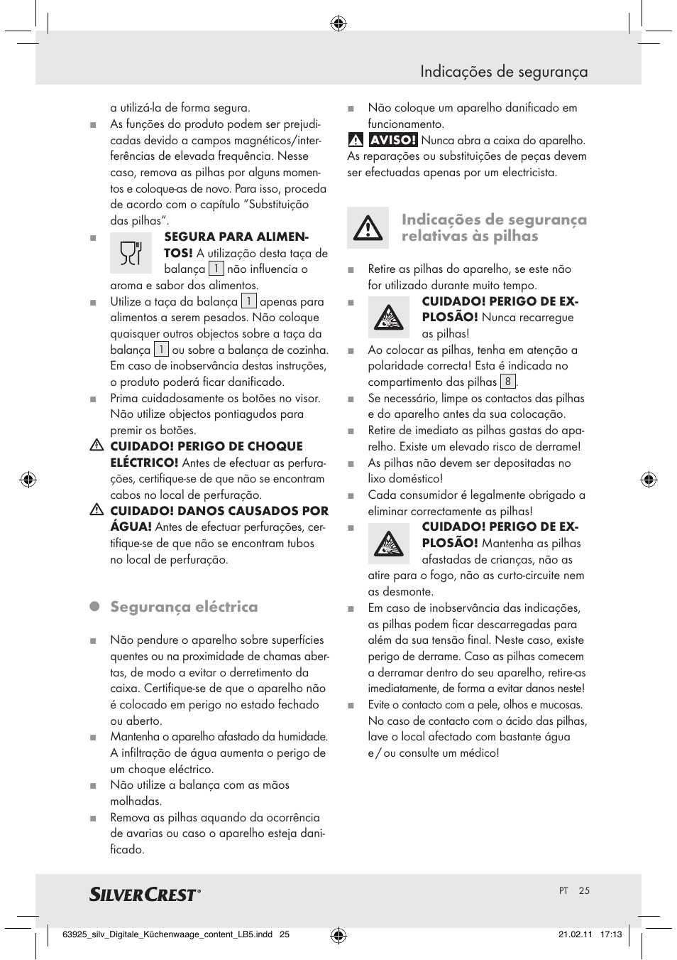 Indicações de segurança, Segurança eléctrica, Indicações de segurança relativas às pilhas | Silvercrest Z30170 User Manual | Page 23 / 45