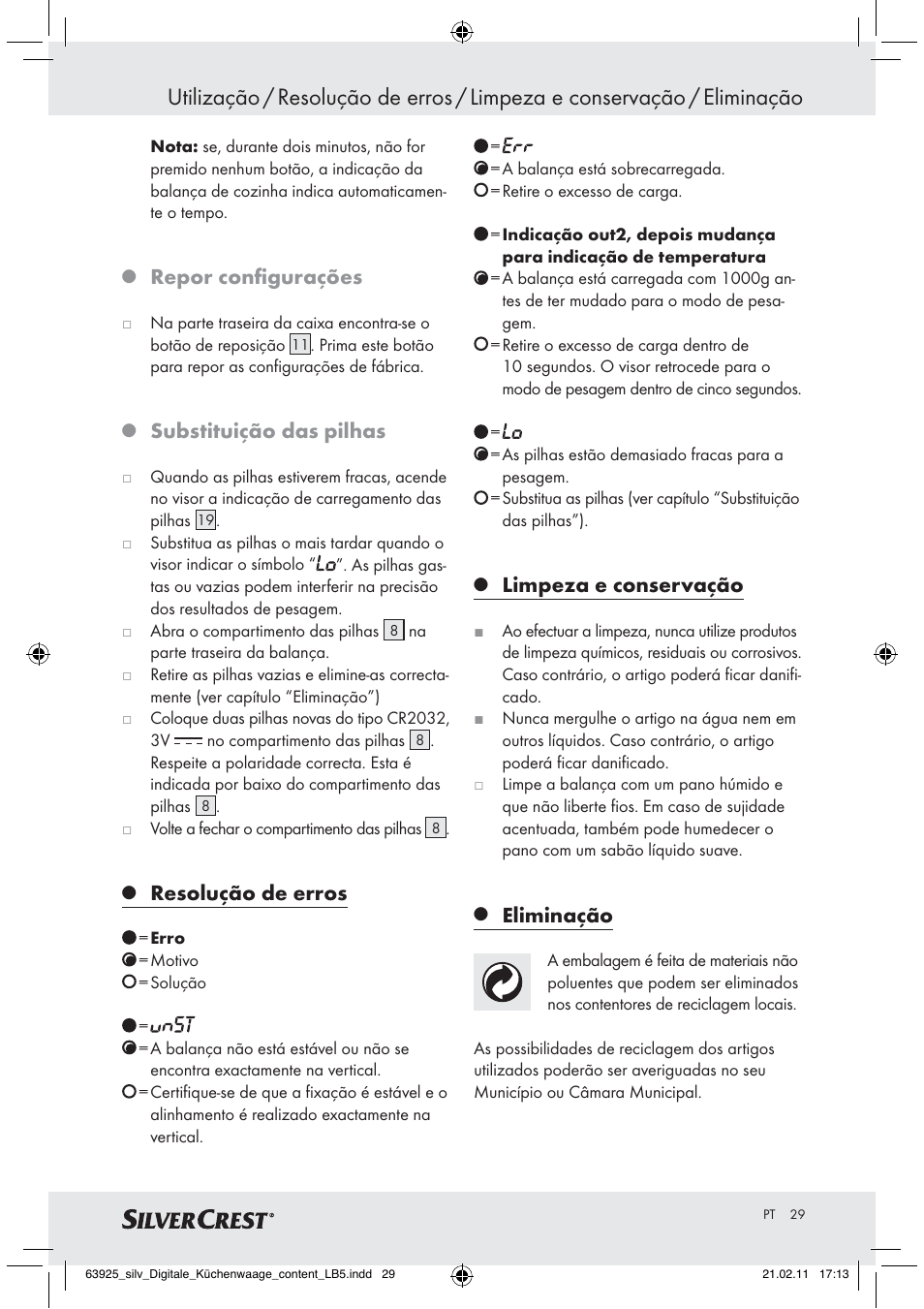 Repor conﬁgurações, Substituição das pilhas, Resolução de erros | Limpeza e conservação, Eliminação | Silvercrest Z30170 User Manual | Page 27 / 45