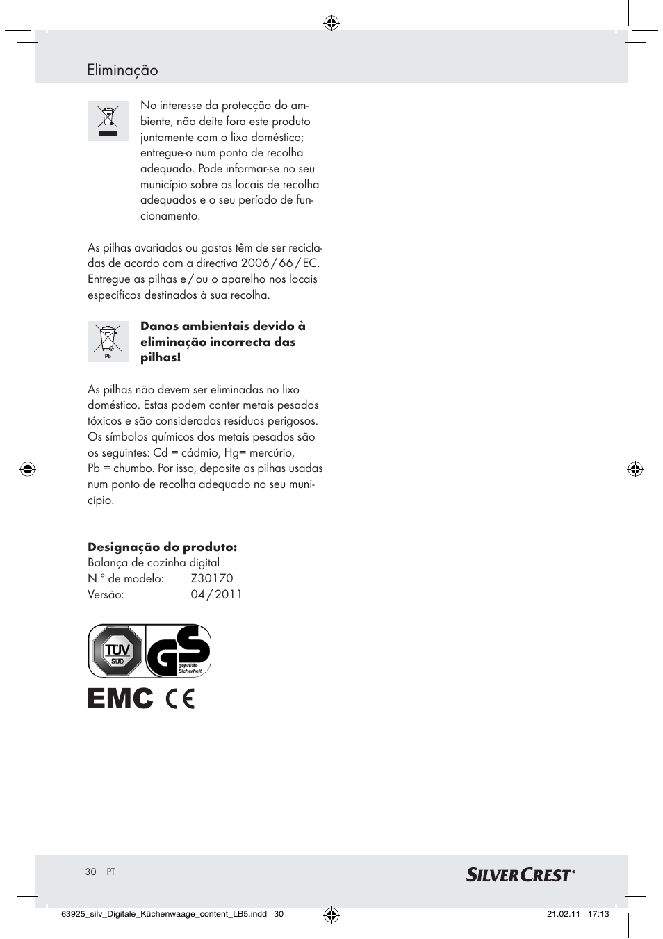 Eliminação | Silvercrest Z30170 User Manual | Page 28 / 45