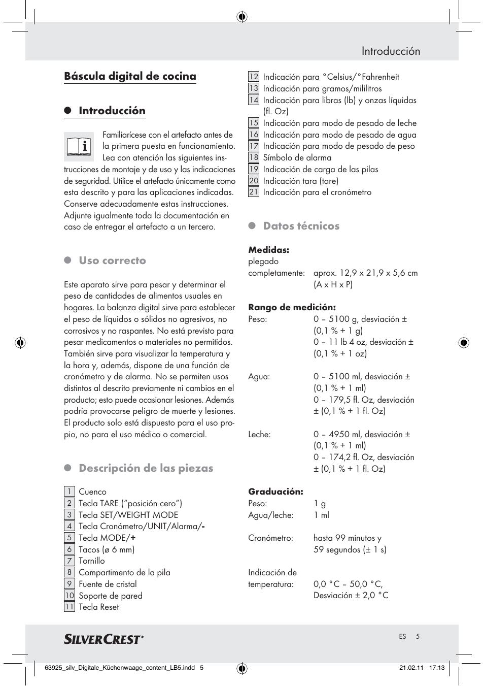 Introducción, Báscula digital de cocina, Uso correcto | Descripción de las piezas, Datos técnicos | Silvercrest Z30170 User Manual | Page 3 / 45