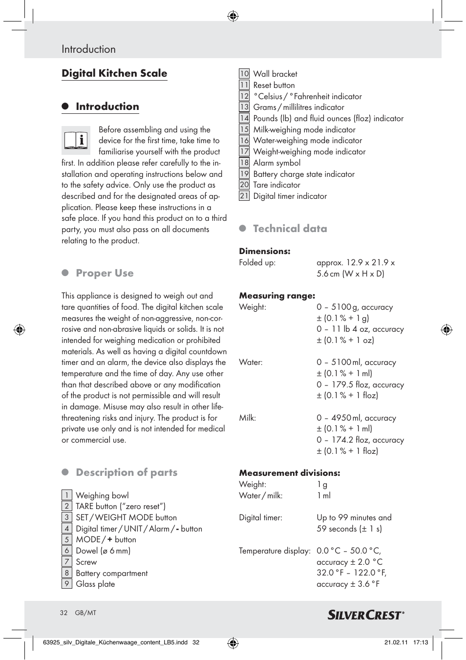 Introduction, Digital kitchen scale, Proper use | Description of parts, Technical data | Silvercrest Z30170 User Manual | Page 30 / 45