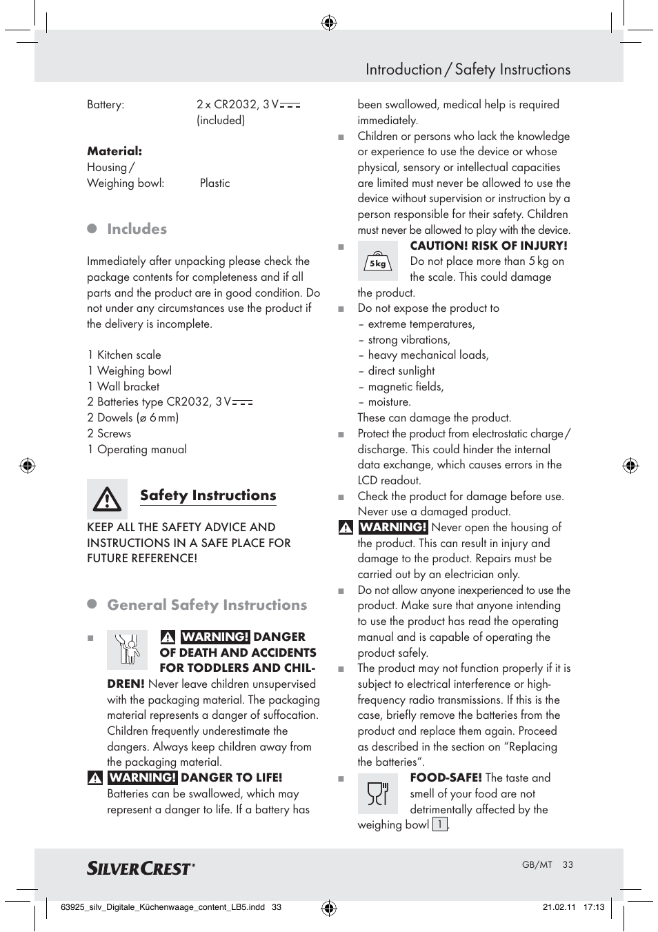 Introduction / safety instructions, Includes, Safety instructions | General safety instructions | Silvercrest Z30170 User Manual | Page 31 / 45