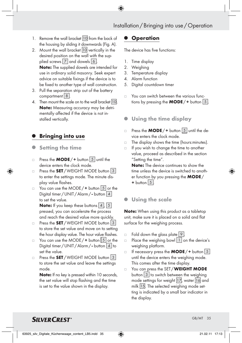 Installation / bringing into use / operation, Bringing into use, Setting the time | Operation, Using the time display, Using the scale | Silvercrest Z30170 User Manual | Page 33 / 45