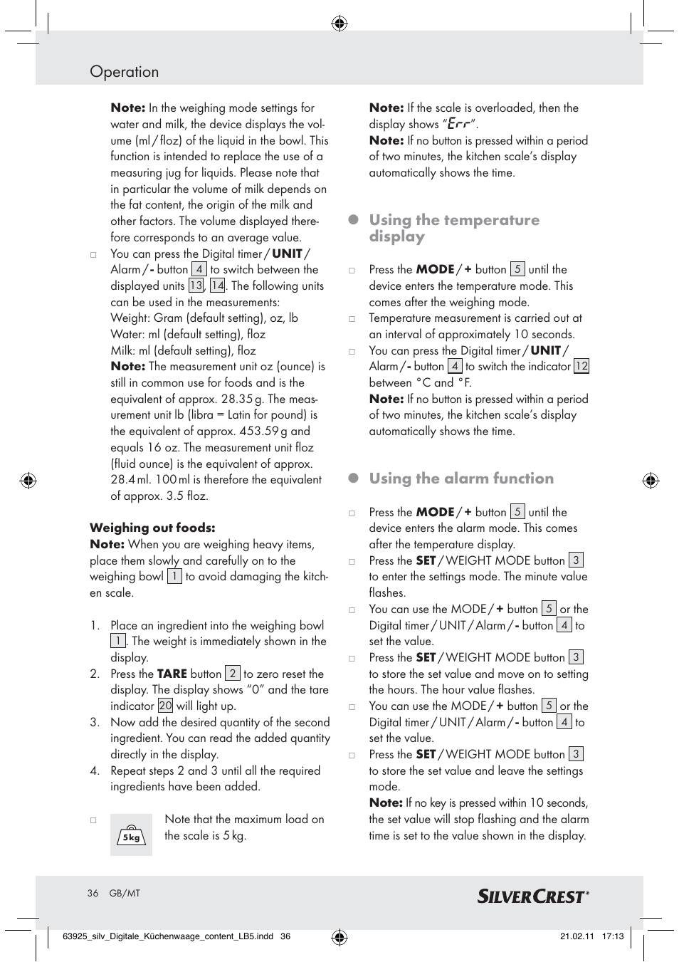 Operation, Using the temperature display, Using the alarm function | Silvercrest Z30170 User Manual | Page 34 / 45