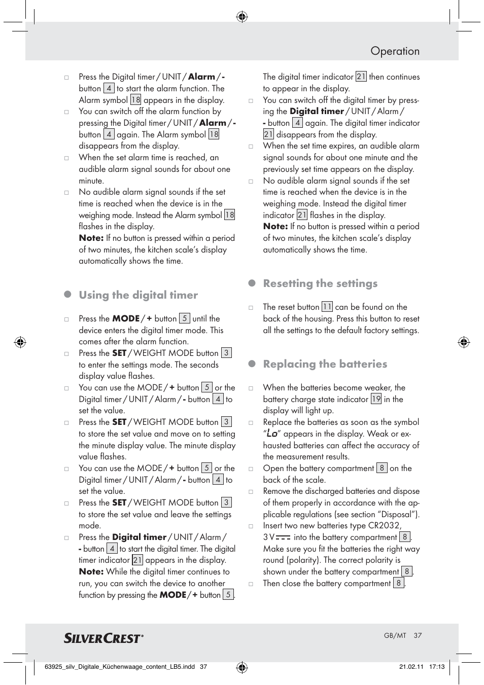 Operation, Using the digital timer, Resetting the settings | Replacing the batteries | Silvercrest Z30170 User Manual | Page 35 / 45