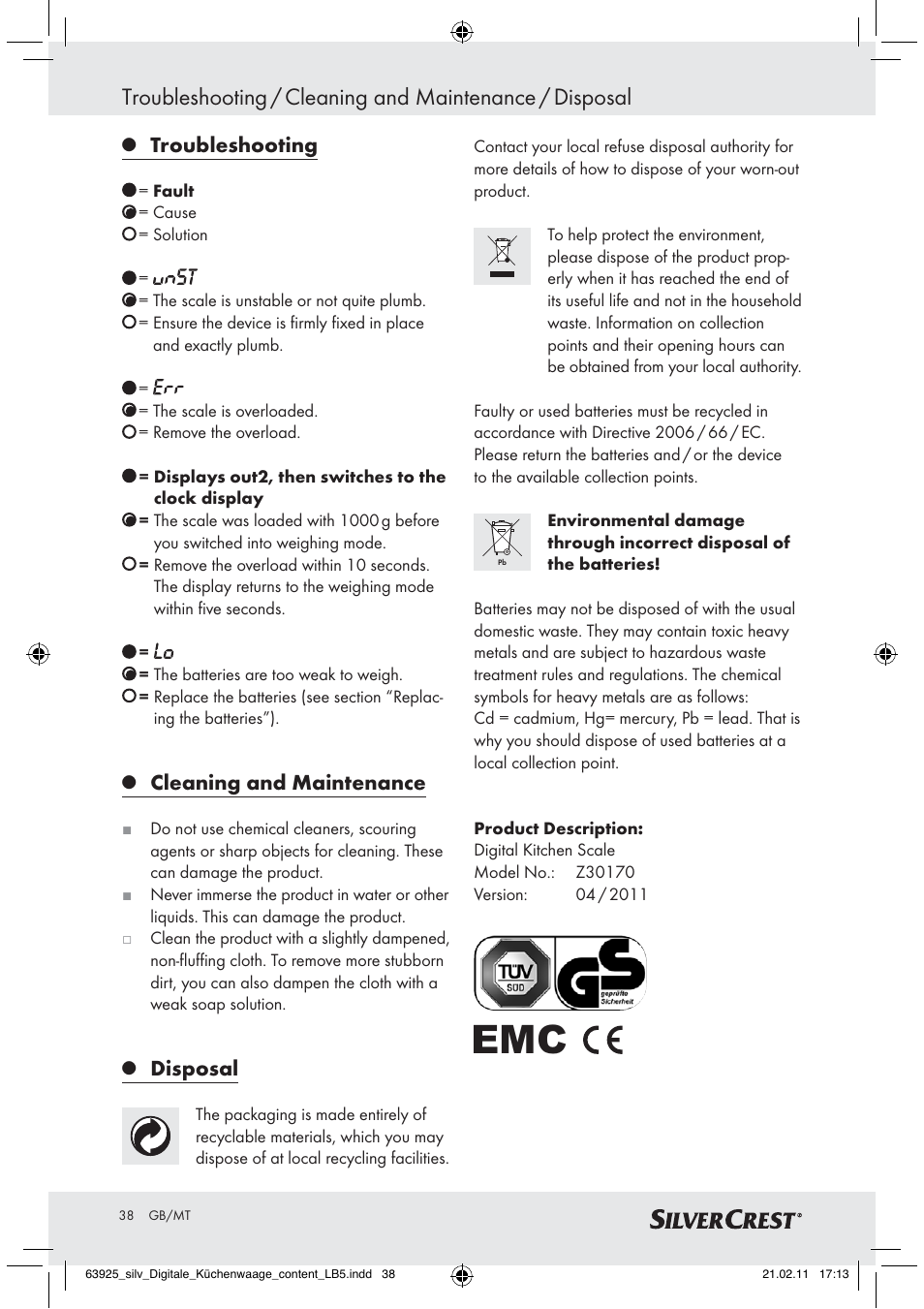 Troubleshooting, Cleaning and maintenance, Disposal | Silvercrest Z30170 User Manual | Page 36 / 45