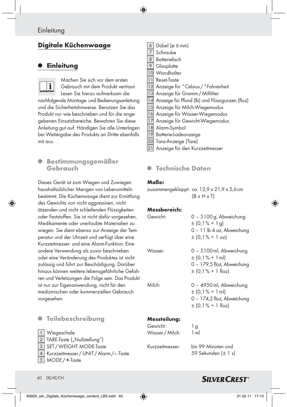 Einleitung, Digitale küchenwaage, Bestimmungsgemäßer gebrauch | Teilebeschreibung, Technische daten | Silvercrest Z30170 User Manual | Page 38 / 45