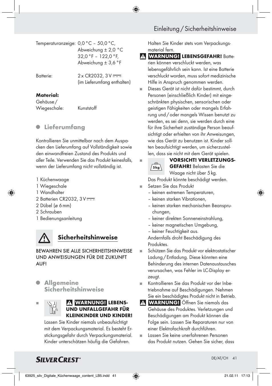 Einleitung / sicherheitshinweise, Lieferumfang, Sicherheitshinweise | Allgemeine sicherheitshinweise | Silvercrest Z30170 User Manual | Page 39 / 45