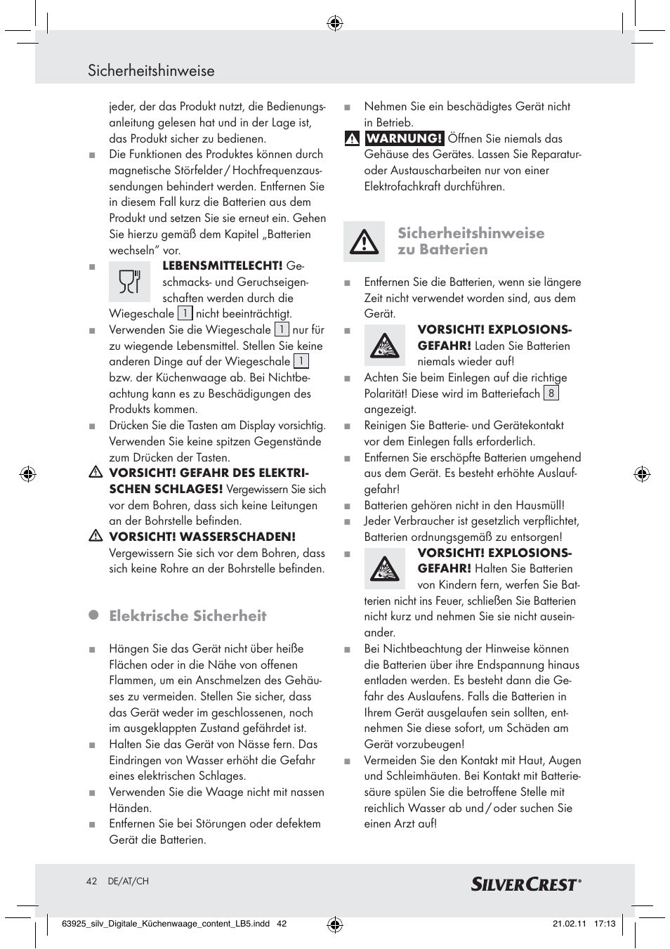 Sicherheitshinweise, Elektrische sicherheit, Sicherheitshinweise zu batterien | Silvercrest Z30170 User Manual | Page 40 / 45