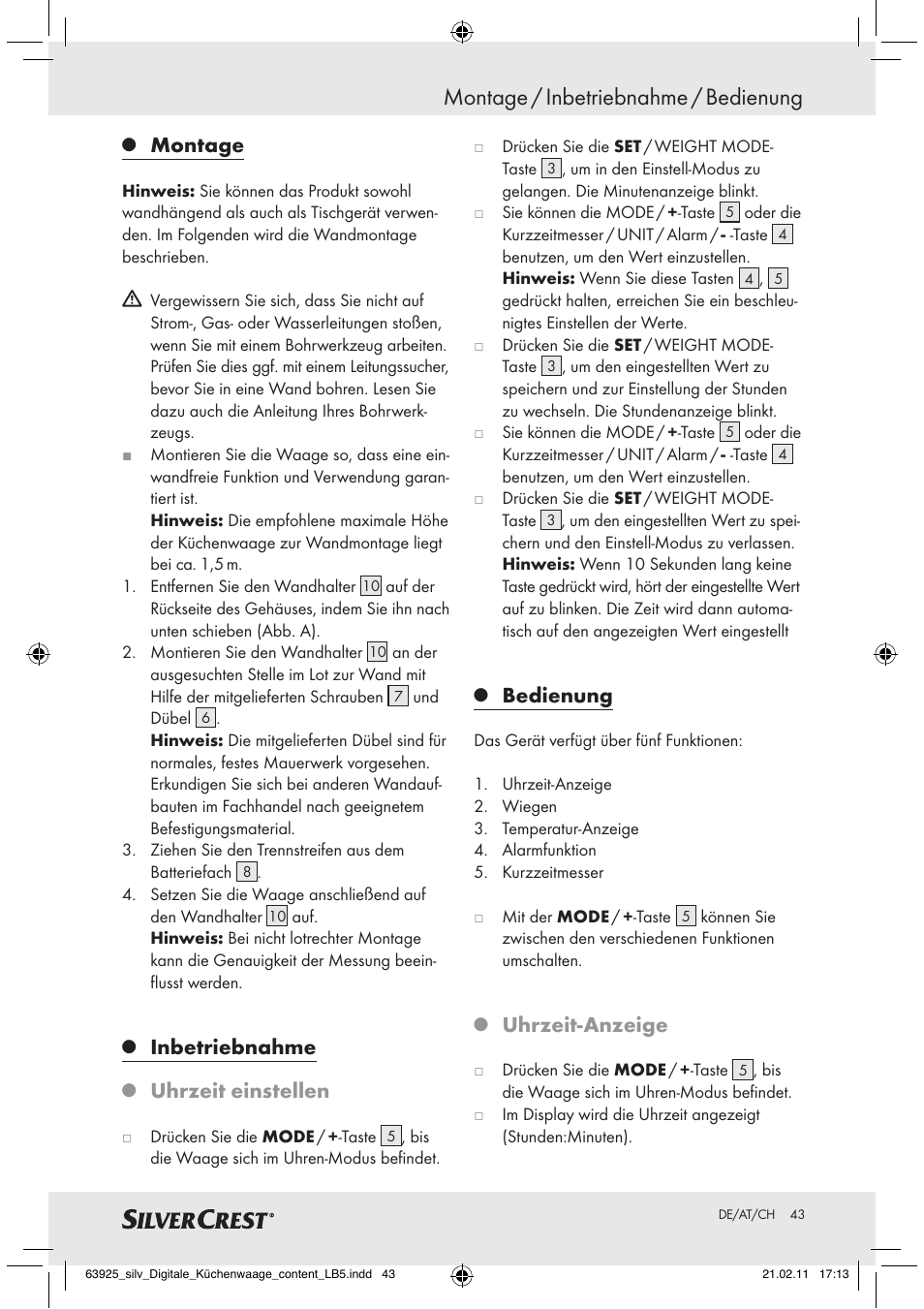 Montage / inbetriebnahme / bedienung, Montage, Inbetriebnahme | Uhrzeit einstellen, Bedienung, Uhrzeit-anzeige | Silvercrest Z30170 User Manual | Page 41 / 45