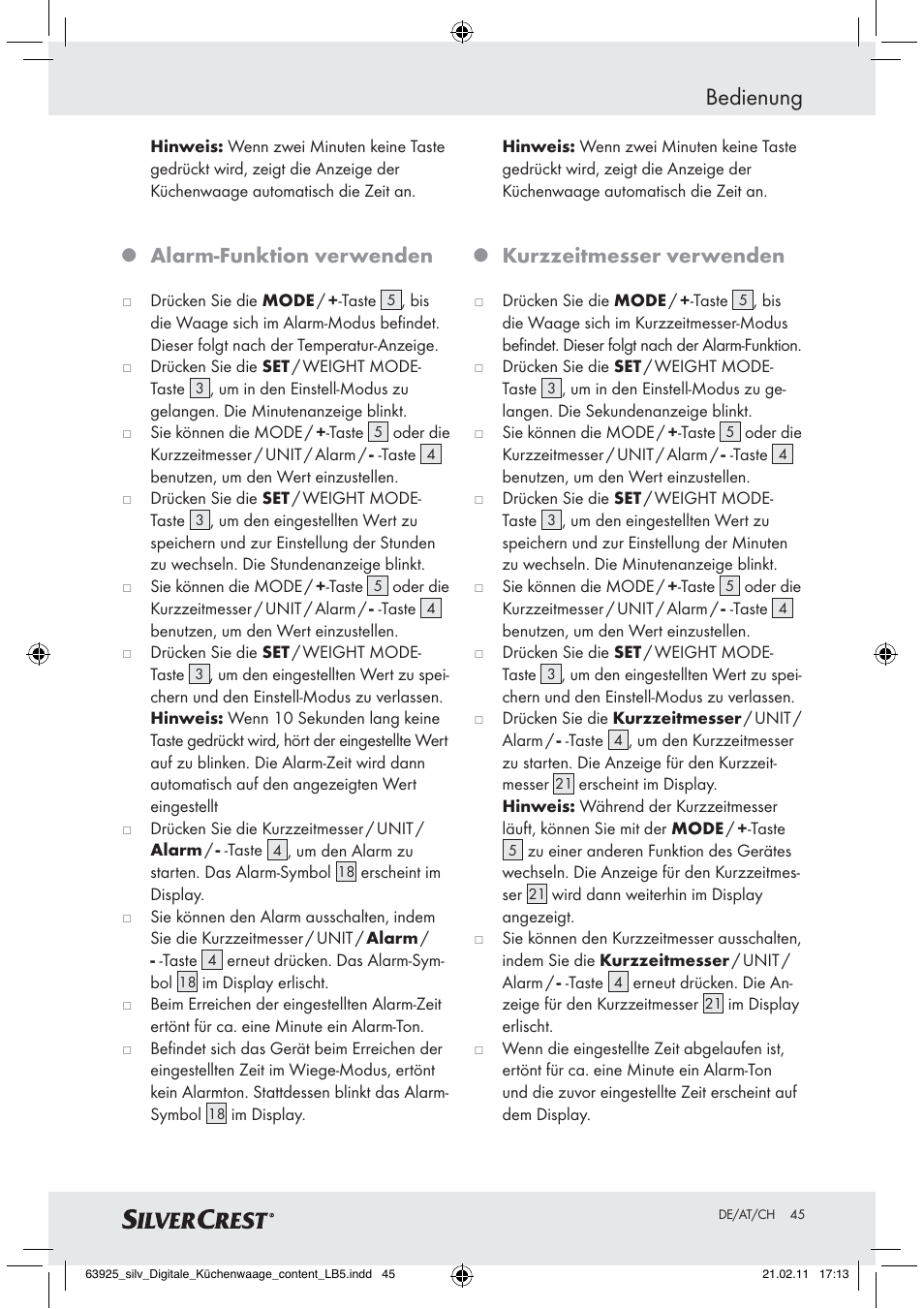 Bedienung, Alarm-funktion verwenden, Kurzzeitmesser verwenden | Silvercrest Z30170 User Manual | Page 43 / 45