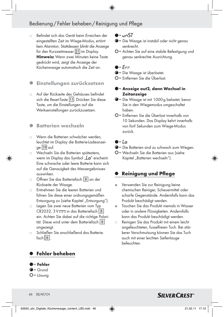 Bedienung / fehler beheben / reinigung und pflege, Einstellungen zurücksetzen, Batterien wechseln | Fehler beheben, Reinigung und pﬂege | Silvercrest Z30170 User Manual | Page 44 / 45