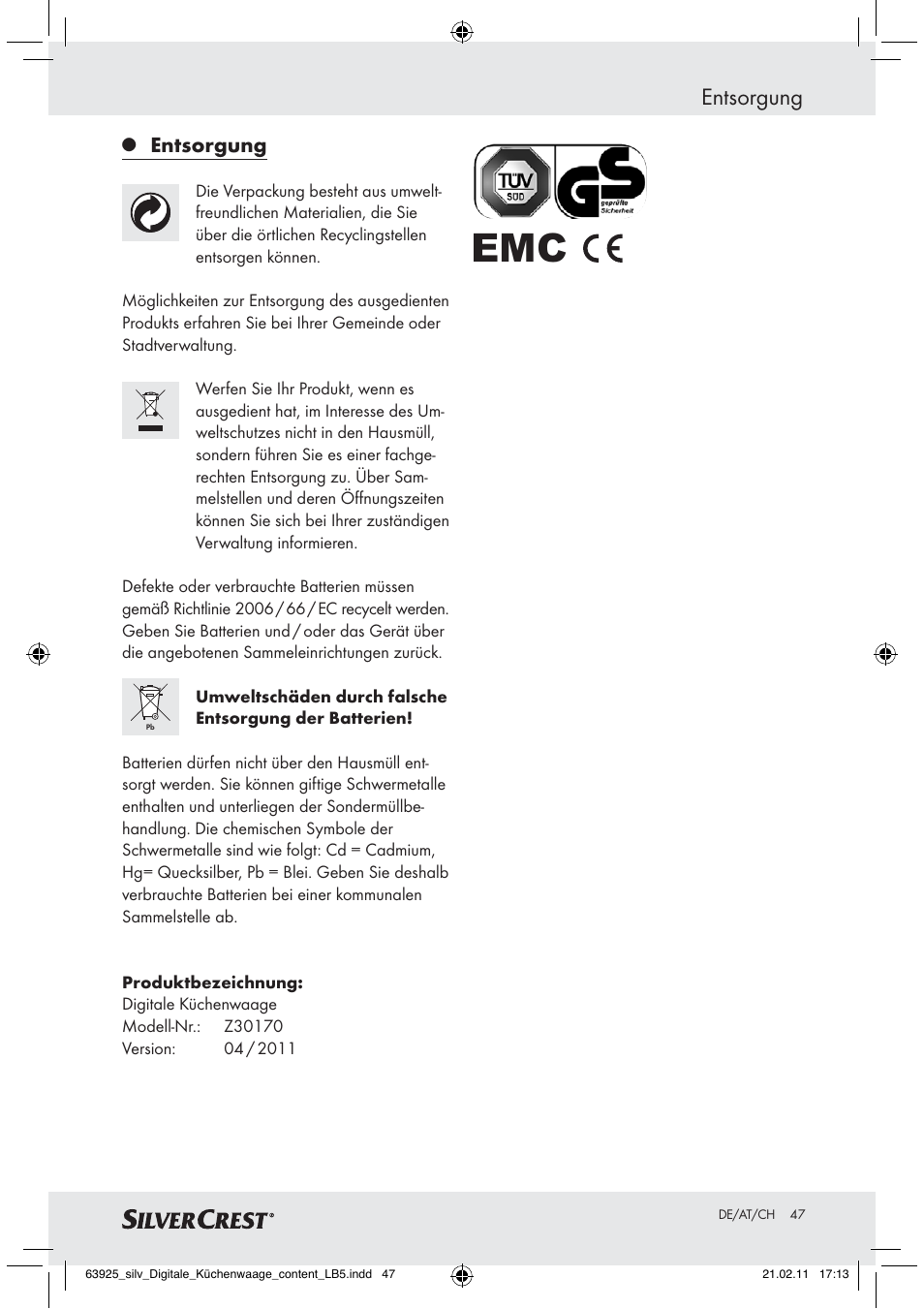 Entsorgung | Silvercrest Z30170 User Manual | Page 45 / 45