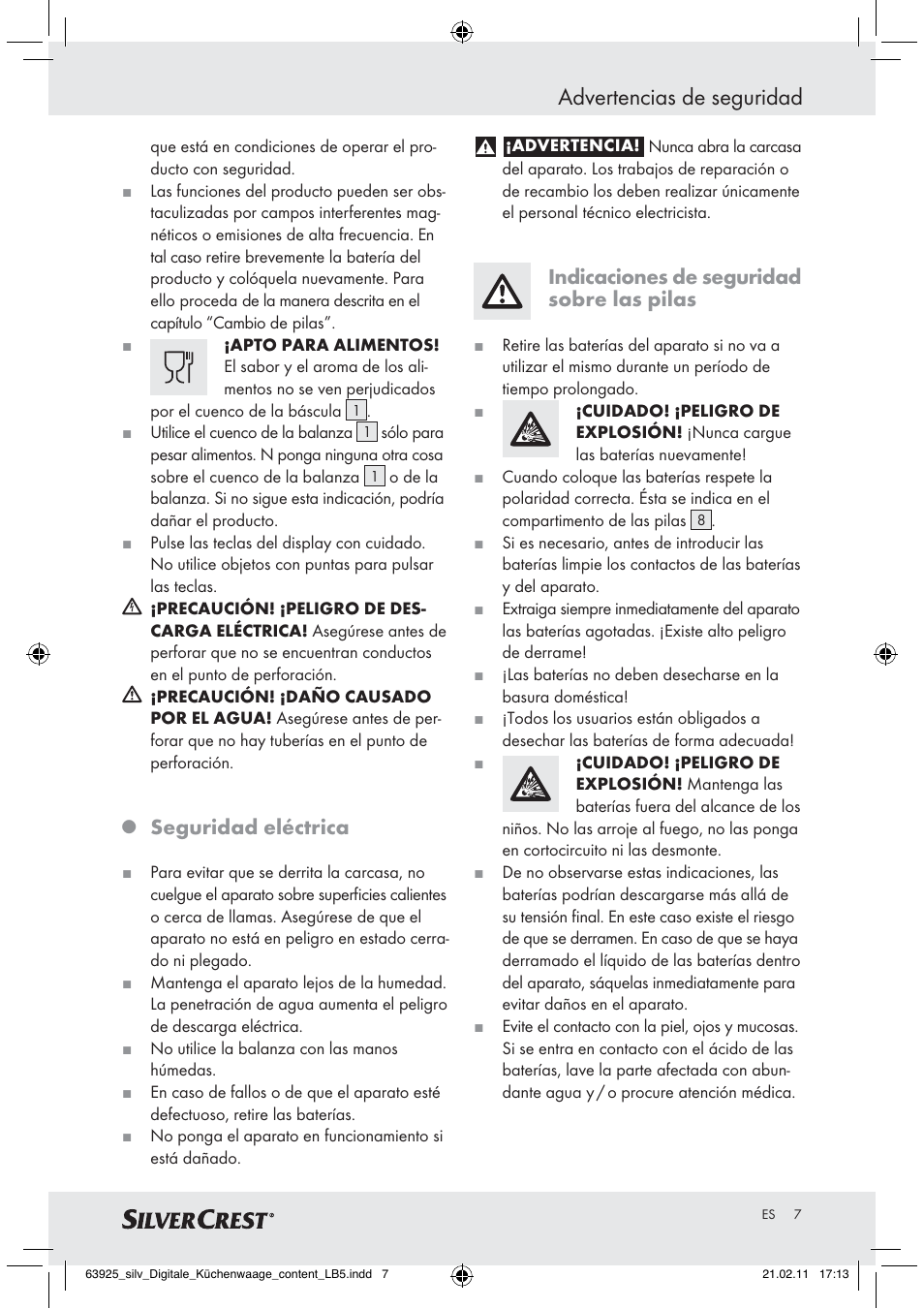 Advertencias de seguridad, Seguridad eléctrica, Indicaciones de seguridad sobre las pilas | Silvercrest Z30170 User Manual | Page 5 / 45