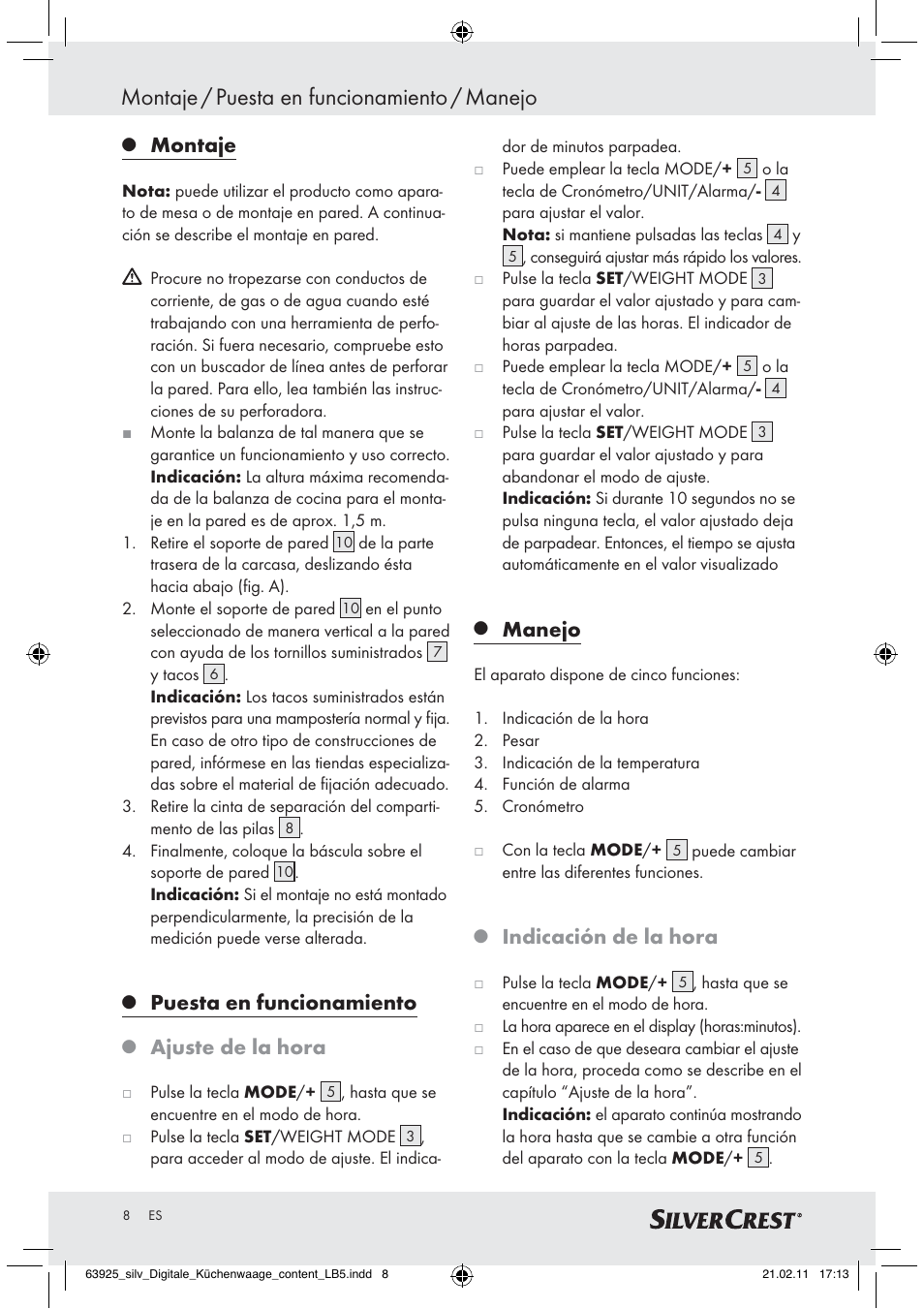 Montaje / puesta en funcionamiento / manejo, Montaje, Puesta en funcionamiento | Ajuste de la hora, Manejo, Indicación de la hora | Silvercrest Z30170 User Manual | Page 6 / 45