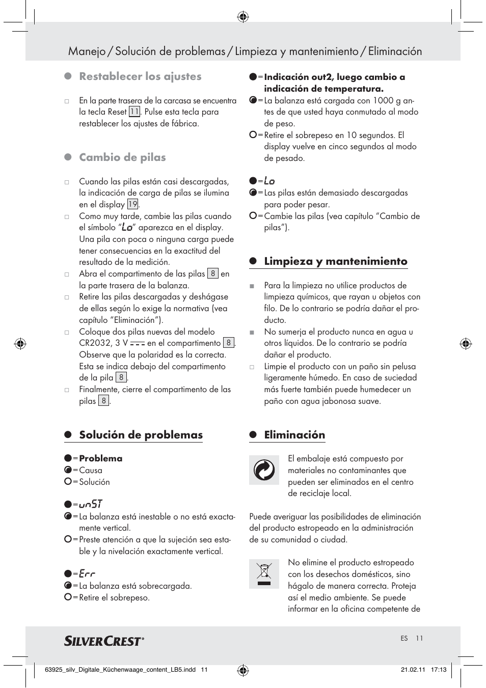 Restablecer los ajustes, Cambio de pilas, Solución de problemas | Limpieza y mantenimiento, Eliminación | Silvercrest Z30170 User Manual | Page 9 / 45