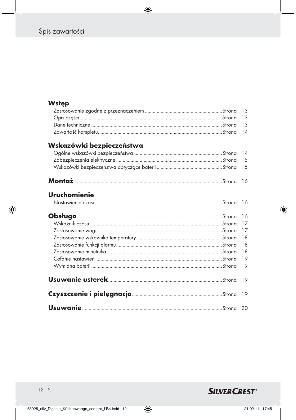 Spis zawartości | Silvercrest Z30170 User Manual | Page 10 / 60