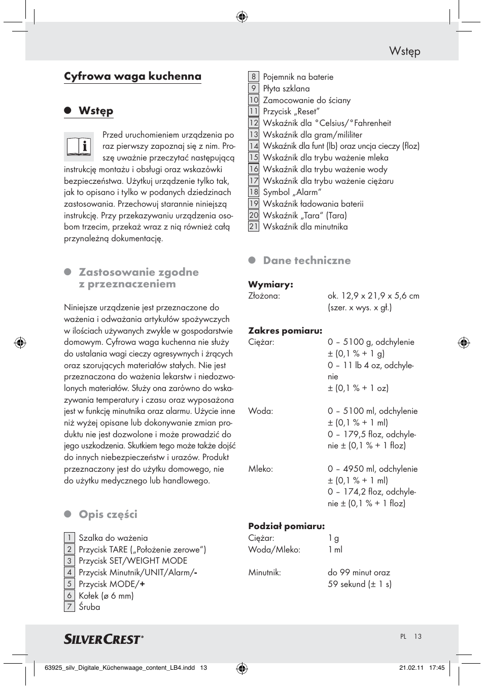 Wstęp, Cyfrowa waga kuchenna, Zastosowanie zgodne z przeznaczeniem | Opis części, Dane techniczne | Silvercrest Z30170 User Manual | Page 11 / 60