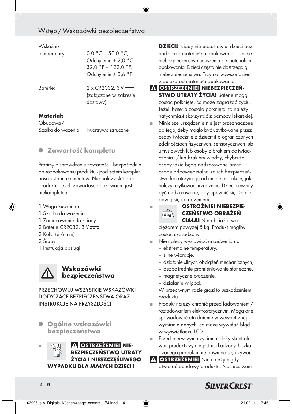 Wstęp / wskazówki bezpieczeństwa, Zawartość kompletu, Wskazówki bezpieczeństwa | Ogólne wskazówki bezpieczeństwa | Silvercrest Z30170 User Manual | Page 12 / 60