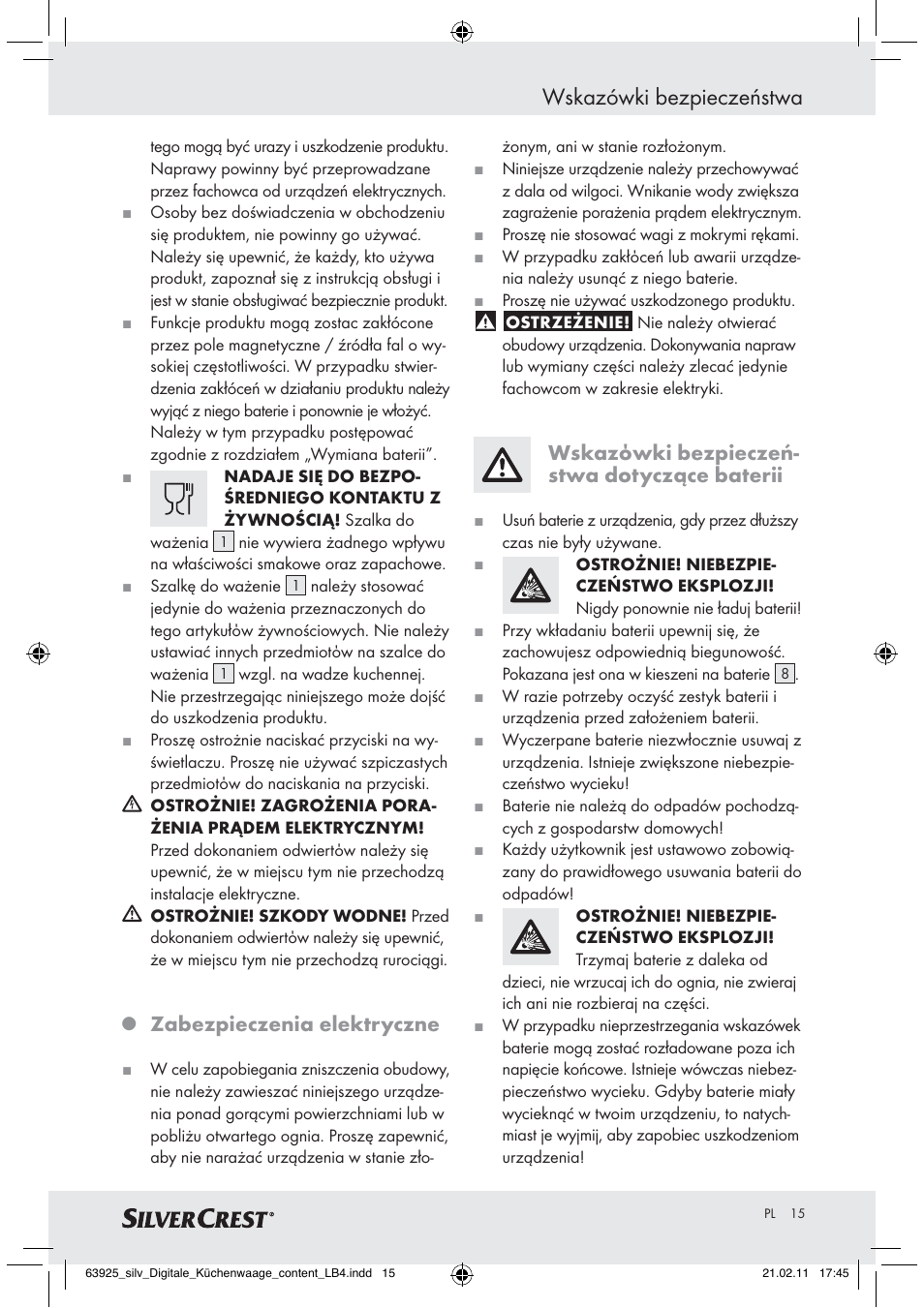 Wskazówki bezpieczeństwa, Zabezpieczenia elektryczne, Wskazόwki bezpieczeń- stwa dotyczące baterii | Silvercrest Z30170 User Manual | Page 13 / 60