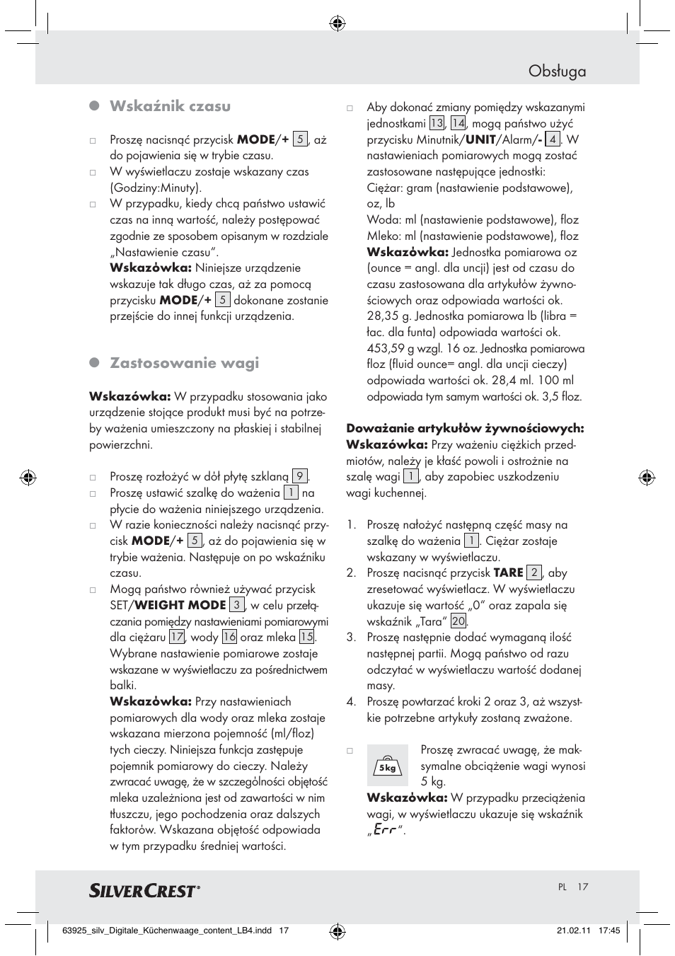 Obsługa, Wskaźnik czasu, Zastosowanie wagi | Silvercrest Z30170 User Manual | Page 15 / 60