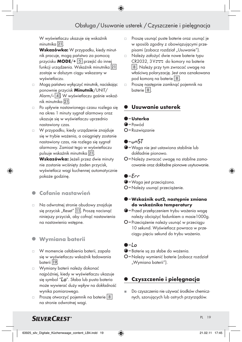 Cofanie nastawień, Wymiana baterii, Usuwanie usterek | Czyszczenie i pielęgnacja | Silvercrest Z30170 User Manual | Page 17 / 60