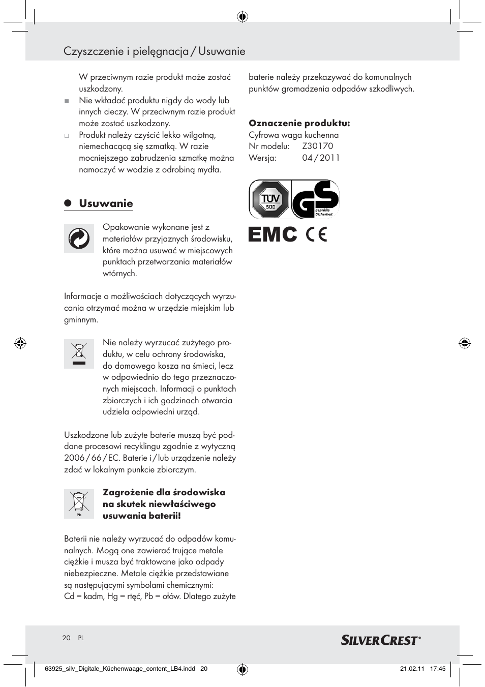 Czyszczenie i pielęgnacja / usuwanie, Usuwanie | Silvercrest Z30170 User Manual | Page 18 / 60