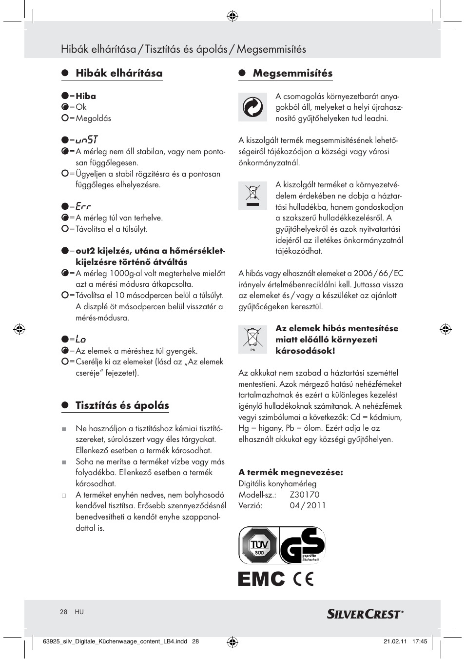 Hibák elhárítása, Tisztítás és ápolás, Megsemmisítés | Silvercrest Z30170 User Manual | Page 26 / 60