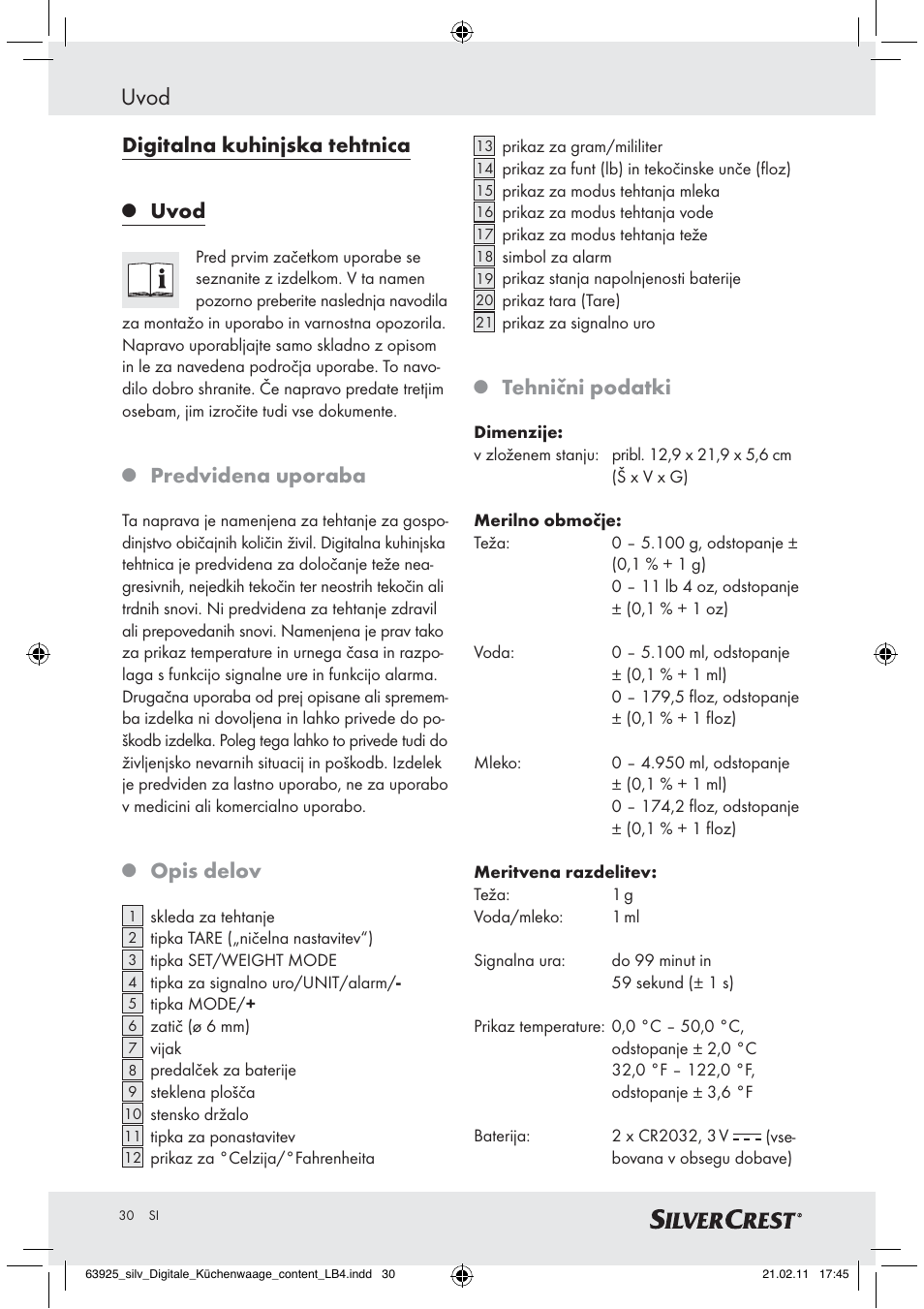 Uvod, Digitalna kuhinjska tehtnica, Predvidena uporaba | Opis delov, Tehnični podatki | Silvercrest Z30170 User Manual | Page 28 / 60