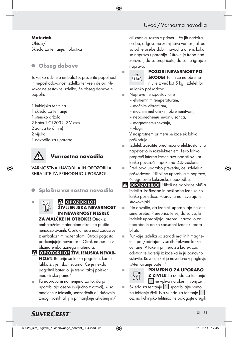 Uvod / varnostna navodila, Obseg dobave, Varnostna navodila | Splošna varnostna navodila | Silvercrest Z30170 User Manual | Page 29 / 60