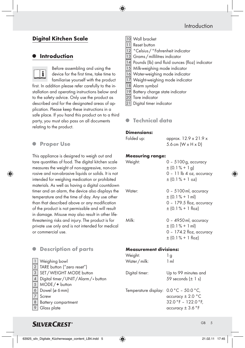 Introduction, Digital kitchen scale, Proper use | Description of parts, Technical data | Silvercrest Z30170 User Manual | Page 3 / 60