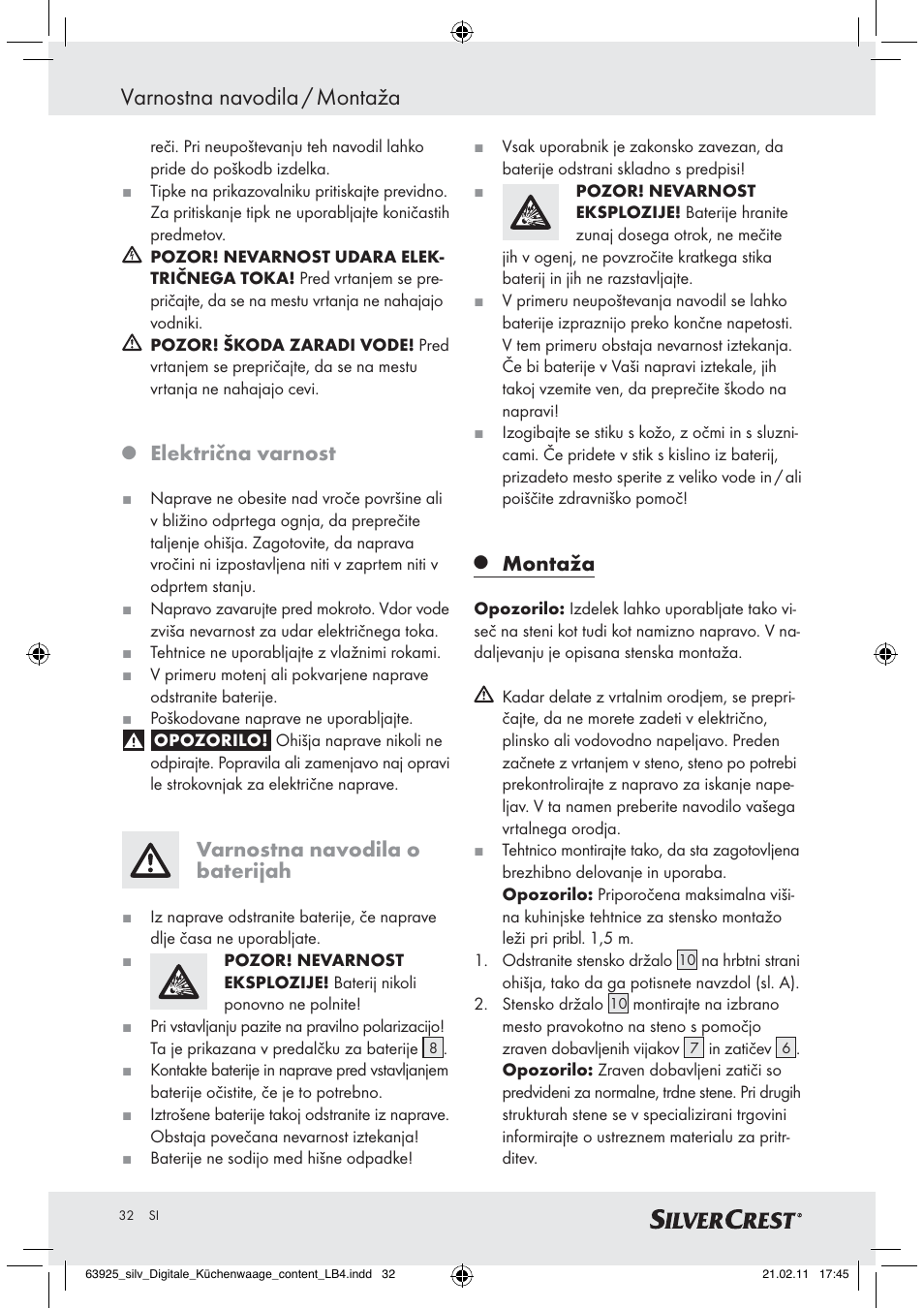 Varnostna navodila / montaža, Električna varnost, Varnostna navodila o baterijah | Montaža | Silvercrest Z30170 User Manual | Page 30 / 60
