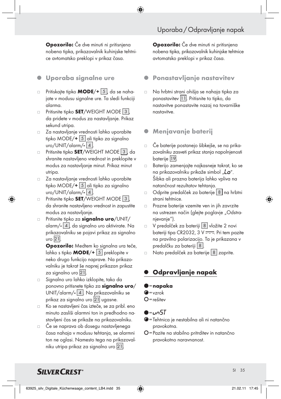Uporaba / odpravljanje napak, Uporaba signalne ure, Ponastavljanje nastavitev | Menjavanje baterij, Odpravljanje napak | Silvercrest Z30170 User Manual | Page 33 / 60