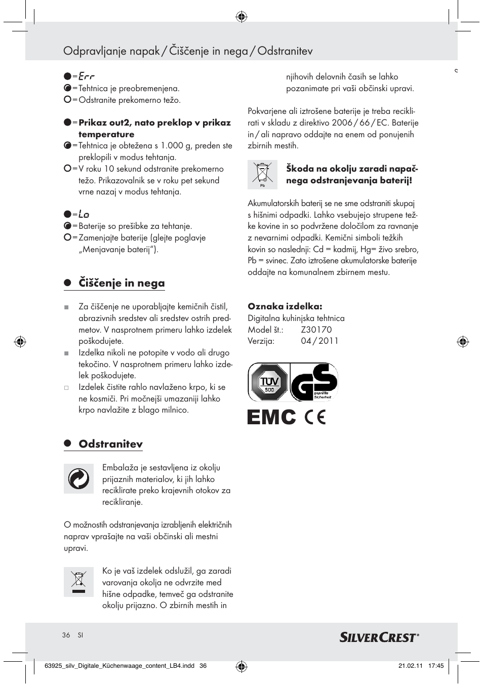 Čiščenje in nega, Odstranitev | Silvercrest Z30170 User Manual | Page 34 / 60