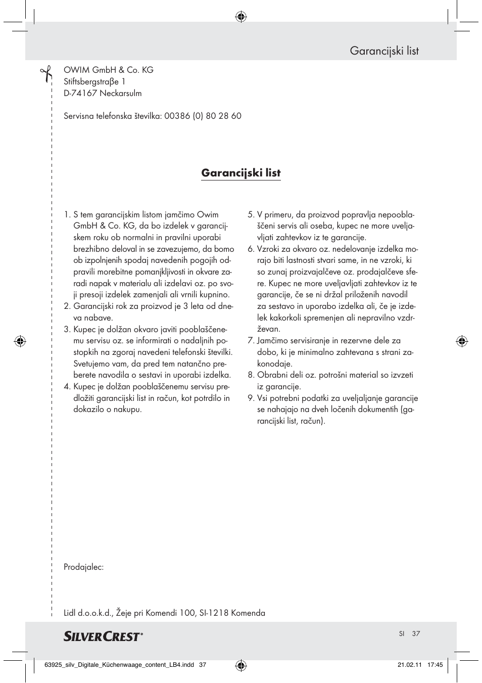 Garancijski list | Silvercrest Z30170 User Manual | Page 35 / 60